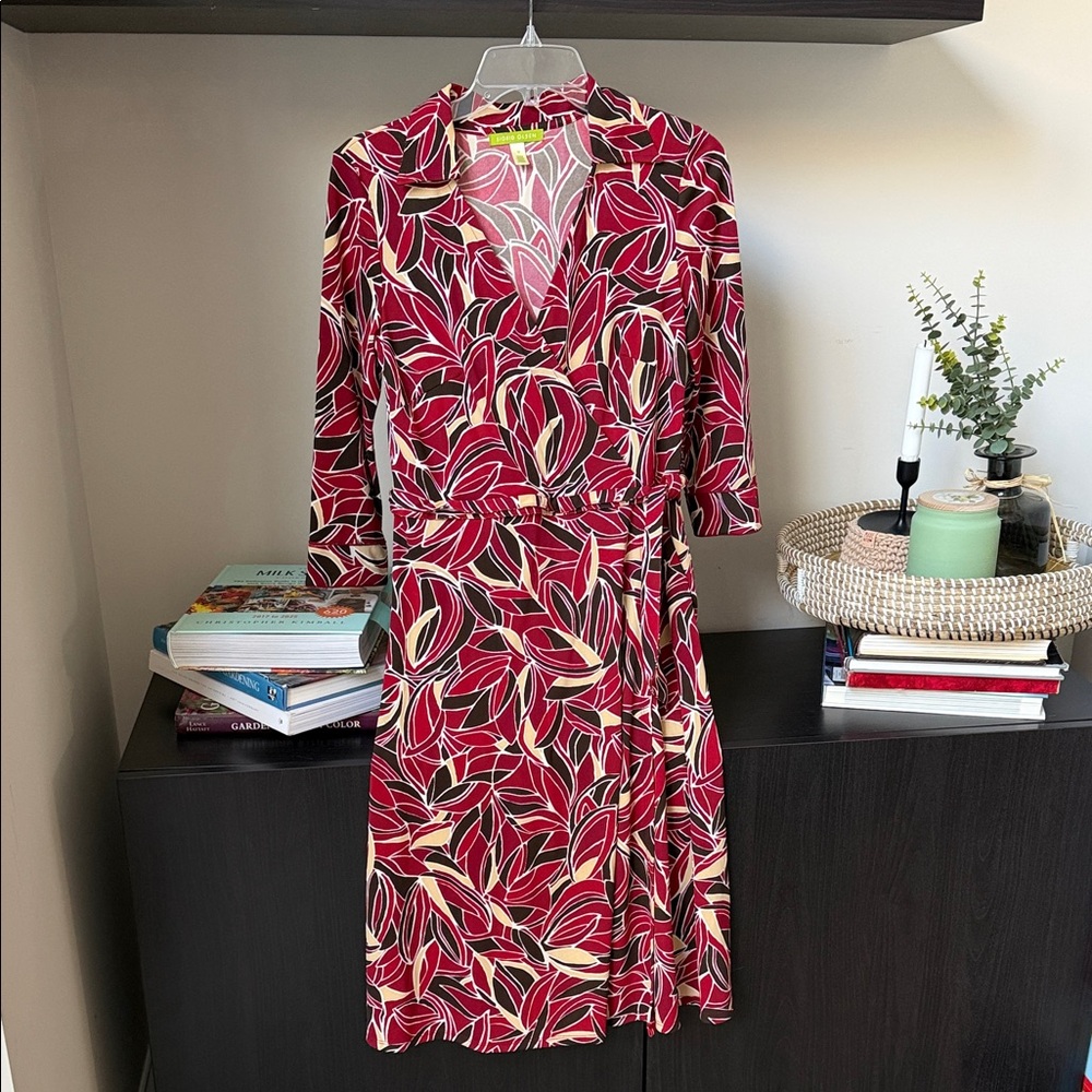 Sigrid Olsen Burgundy, Brown and Cream Leaf Pattern Faux Wrap Dress in Size Med